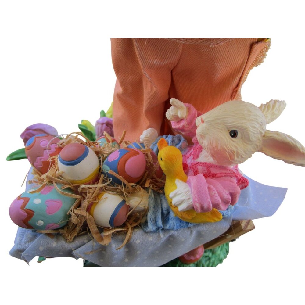 Fabric Mache Mr. Easter Bunny Paints Eggs Baby Bunny Duck In Wheelbarrow GUC - Picture 2 of 12